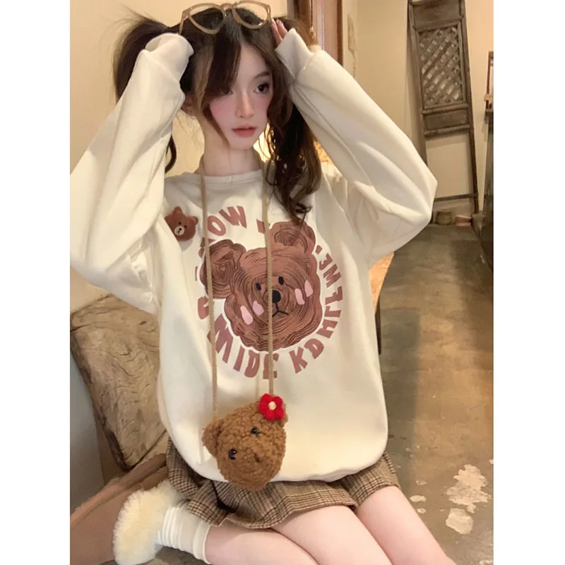 2025 Spring and Fall Korean Sweet Bear O-neck Pullover Women Design Sense Cute Casual Loose Versatile Sweatshirts Female