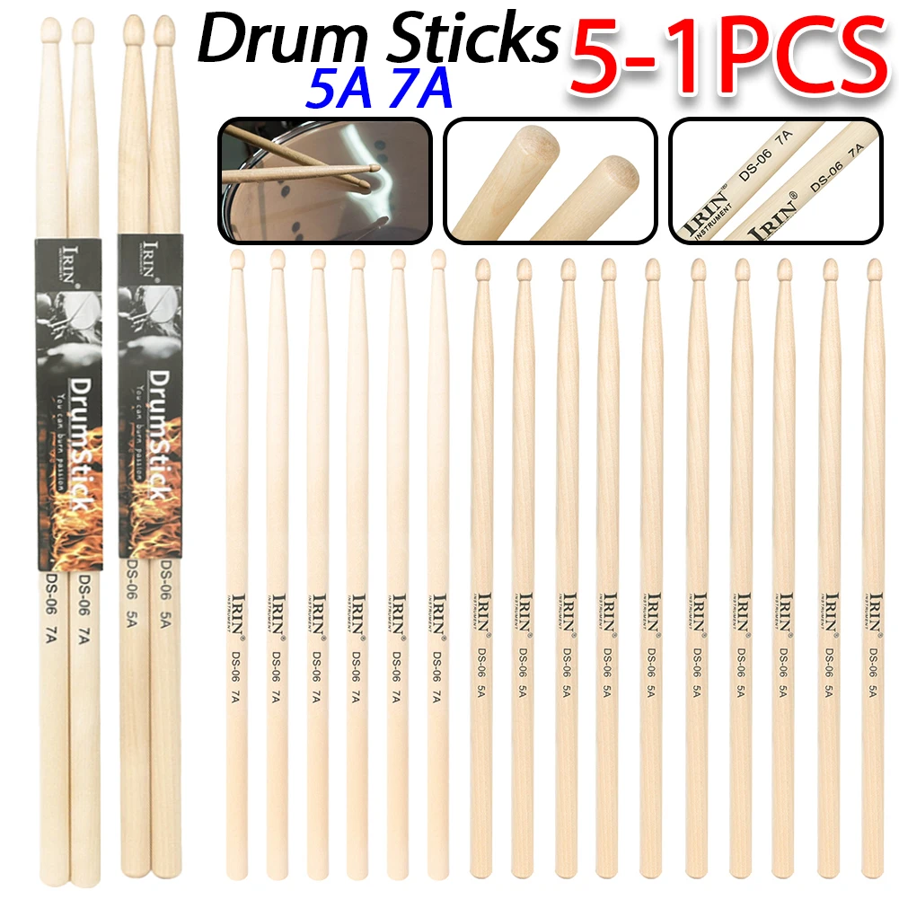 1/5Pair 5A/7A Drumsticks Mallets Jazz Drum Sticks Percussion Consistent Weight and Pitch American Hickory Classic Drum Sticks