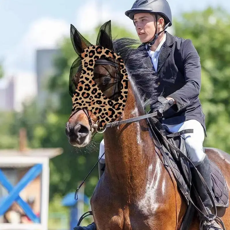 Cubierta de cabeza de caballo antimordedura, patrón de estampado de leopardo, transpirable, producto para el cuidado de caballo, cubierta de cabeza de caballo antimordedura