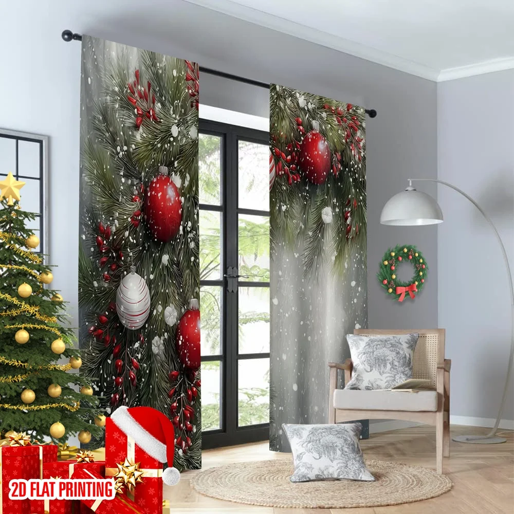 2 قطعة 2D الطباعة المسطحة عيد الميلاد المشهد الستائر عيد الميلاد الصنوبر إبرة كرة الثلج الأحمر طباعة نطاق وأنيق 100% ألياف البوليستر #4