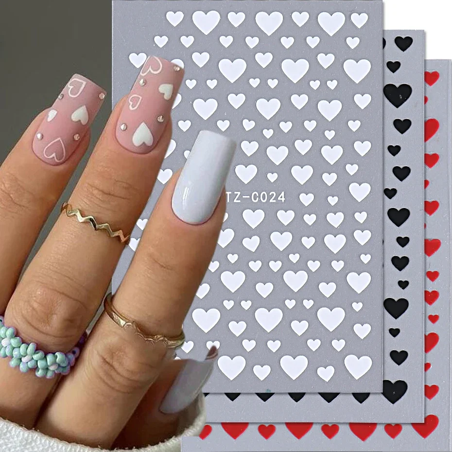 Adesivi per unghie a cuore nero bianco 3D simpatico cartone animato dorato amore cursore autoadesivo accessori per Manicure di san valentino suggerimenti decorazione