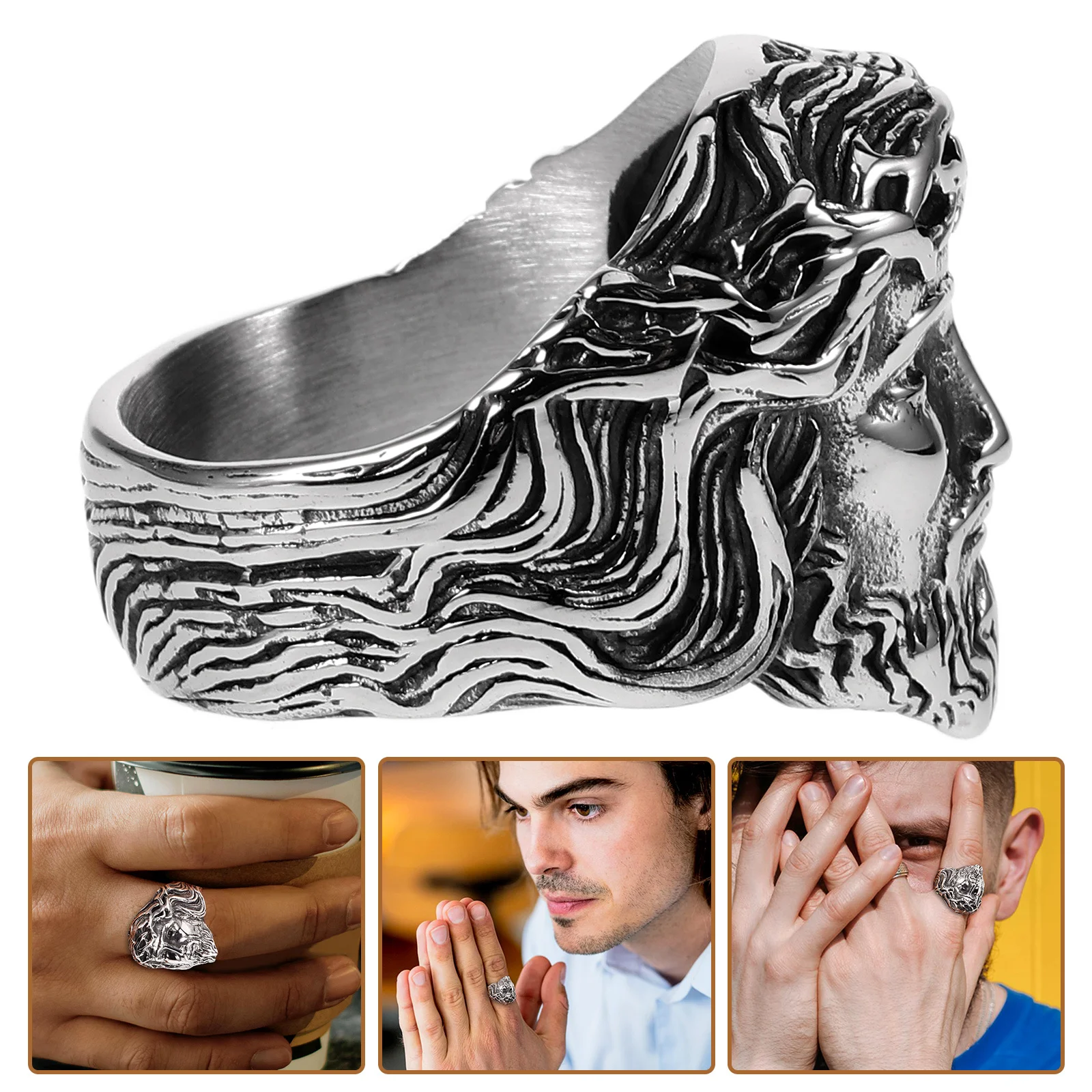 

Stainless Steel Men'S Ring Vintage Carved Jesus Design Finger Band For Party Club Cosplay Gift Retro Metal Jewelry Rings