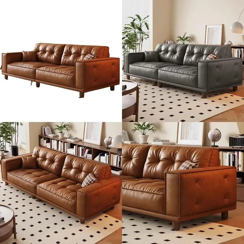 Retro Leather Sofa Antique Caramel Oil Wax Skin Tofu Sofa Straight Row for Small Apartment Living Room