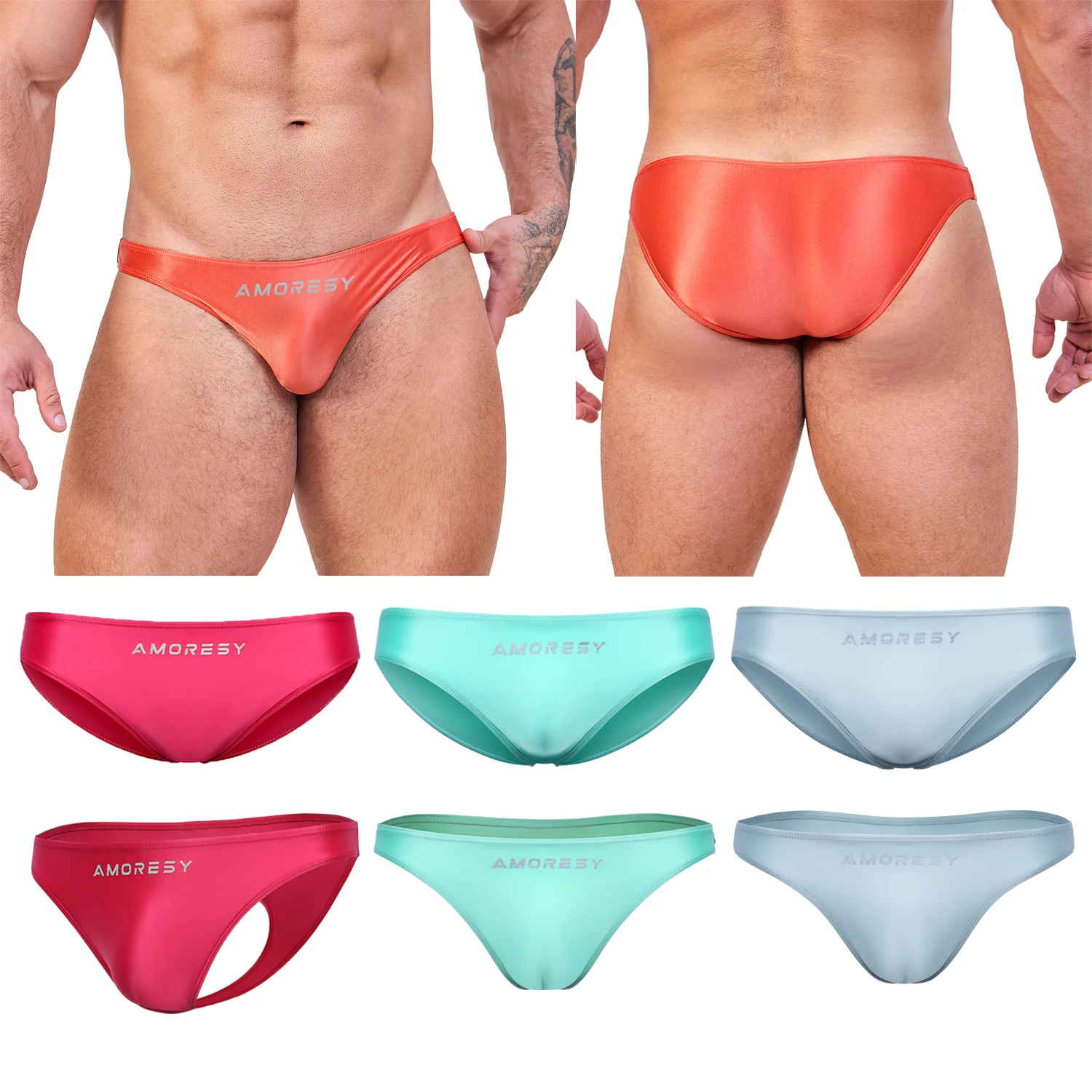 AMORESY Fashion Men's Sexy Glossy Thin Swimming Trunks Breathable Satin Beach Soft Thong Briefs Solid Low Waist Tights Underwear