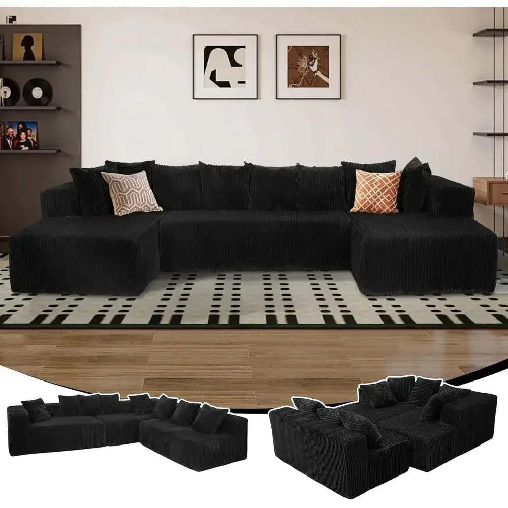 U/L Shaped Deep Seat Chaise Sofa with High Density Foam and Corduroy Sleeper Sofa Bed, 8 Pillows, No Assembly