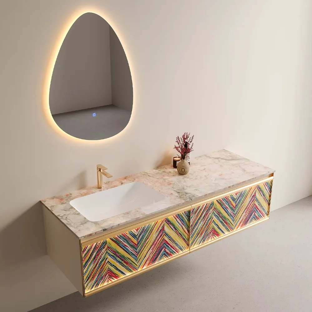 Modern Hotel Apartment Bathroom Cabinet Washbasin Combination Ceramic Seamless Basin Customizable Pink Rock Board Wall-Mounted