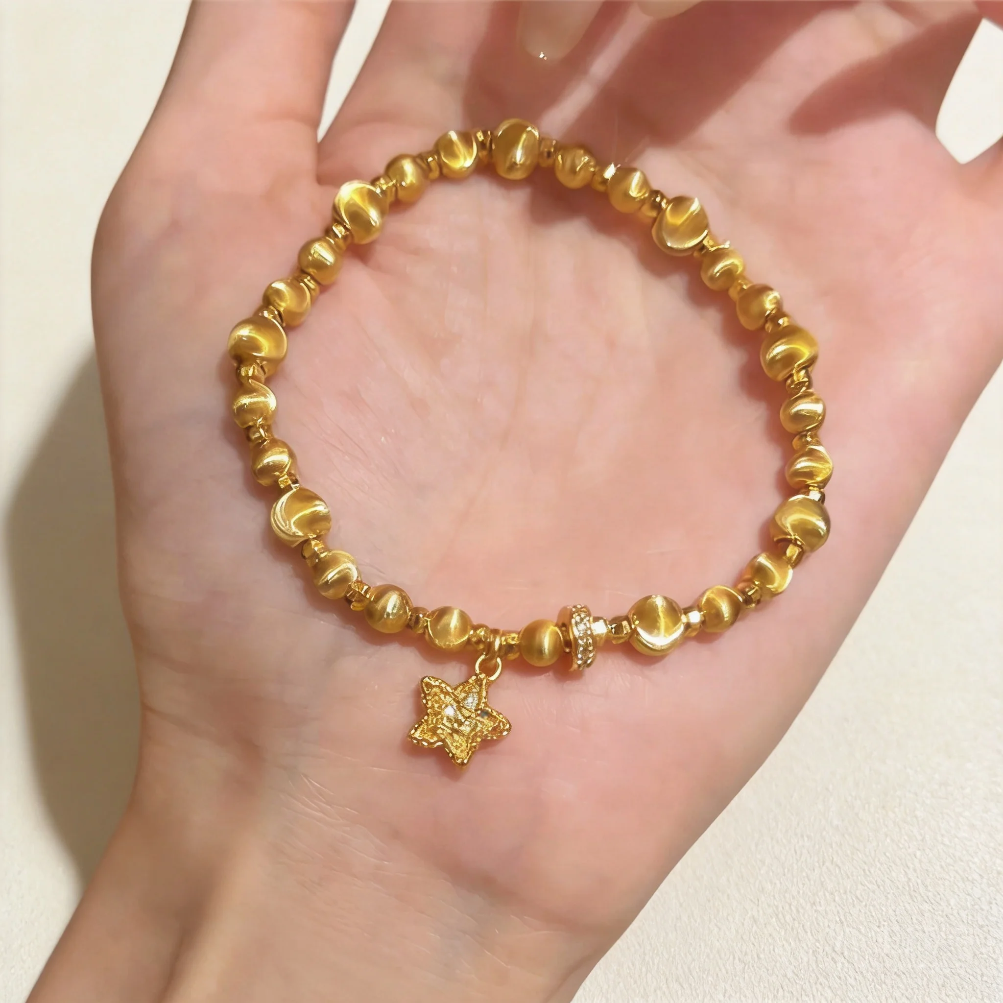 

Chinese Style Lucky Blessing Gold Plated 6mm Cat Eye Hammered Star Disco Bead Bracelet For Women Elastic Fortune Attracting Stre