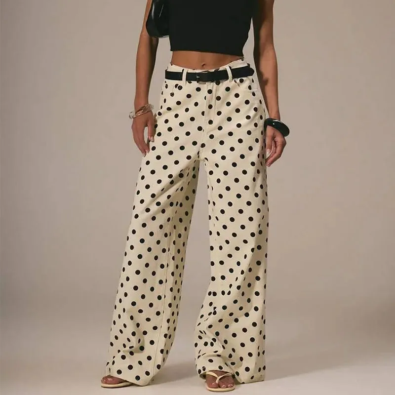 

Women Polka Dot Print Jeans Spring Summer Vintage Streetwear Female High Waist Wide Leg Denim Pants Lady Loose Straight Trousers
