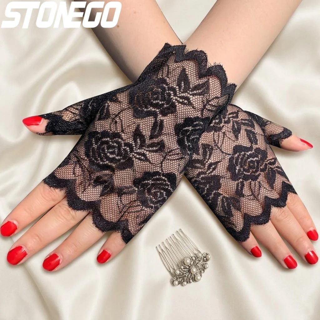 Women Sun Protection Driving Half Finger Gloves Fingerless Lace Arm Sleeve Pair for Women Fashion Party Costume Accessory