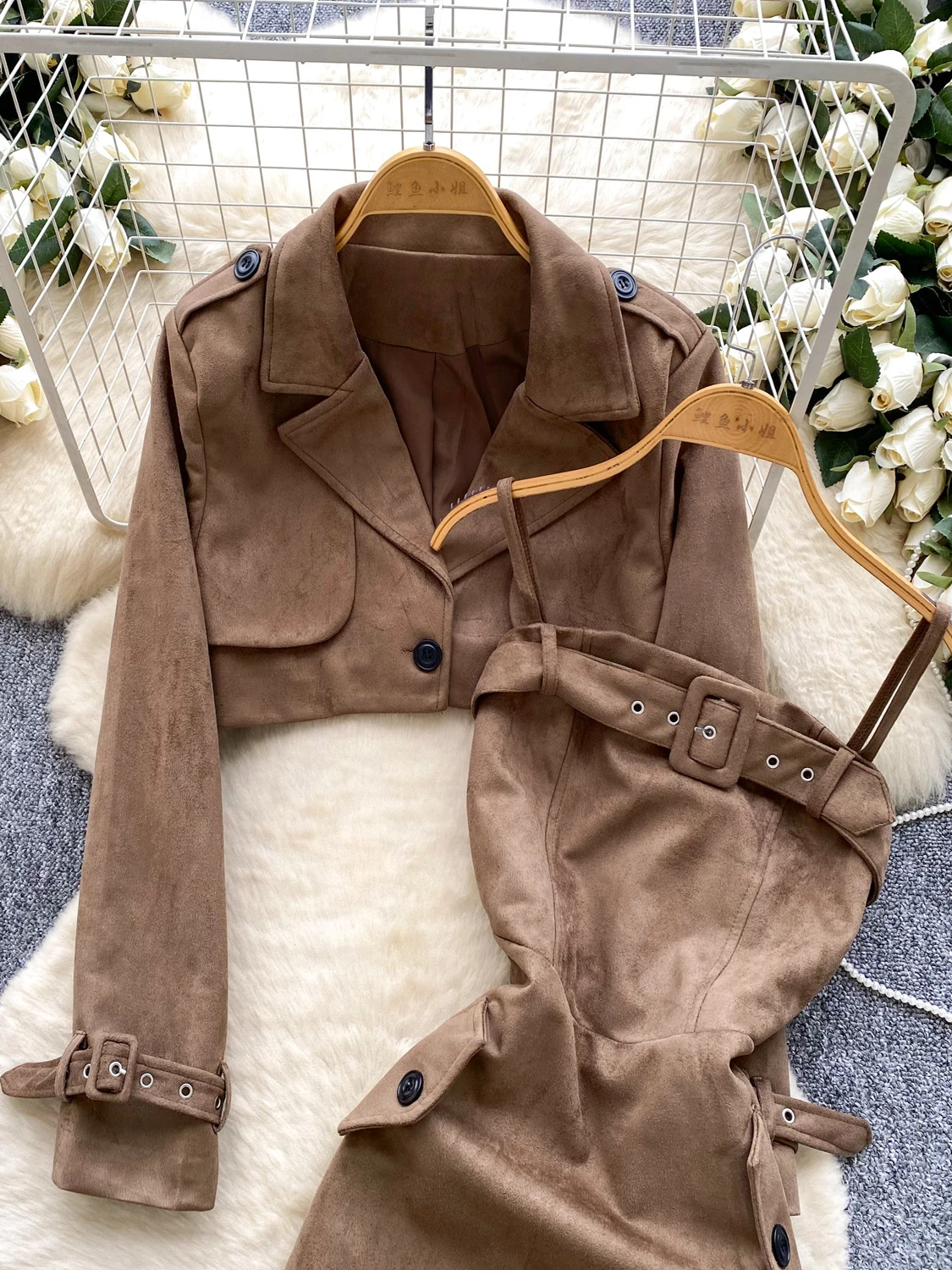 Коричневый кожаный бархатный женский комплект Dr, сексуальный поясной ремень, длинный све или Jaet Faion, комплект с высокой талией, стандартной длины