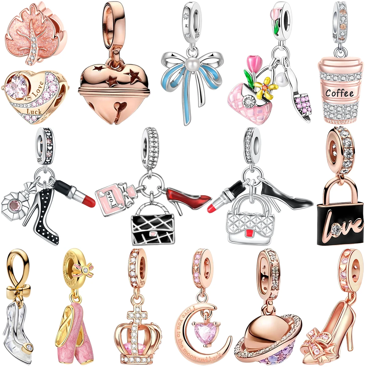 

Cute Rose Gold Charms Stiletto Heel Lipstick Bag Ballet Pointe Shoe Bow Crown Coffee Cup for Girl Gift Beads Fit Bracelet Decor