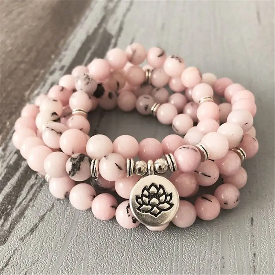 

8mm 108 Rhodochrosite Buddha beads Silver Pendant Bracelet Women Stone Yoga Spiritual tassel Hand Tibetan zazen Bohemian Sacred