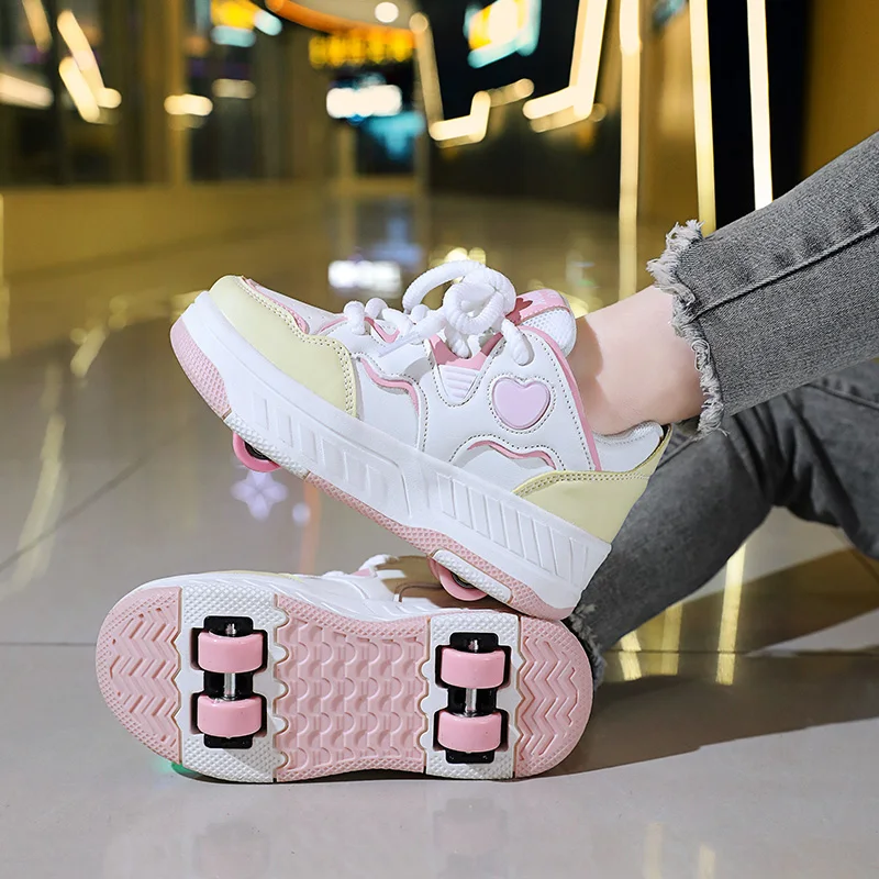 New Heart Children Cool Sports Shoes Four-wheels Wear-resistant Leather Parkour Comfortable Stable Outdoor Sports Roller Skates