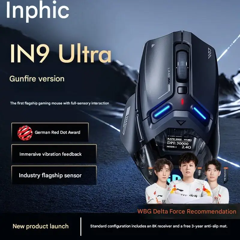 INPHIC IN9Ultra Wireless Mouse ESports PAW3950 OLED Screen Long Endurance Ergonomic Gaming Mouse Mechanical NANO 8K Sensitive