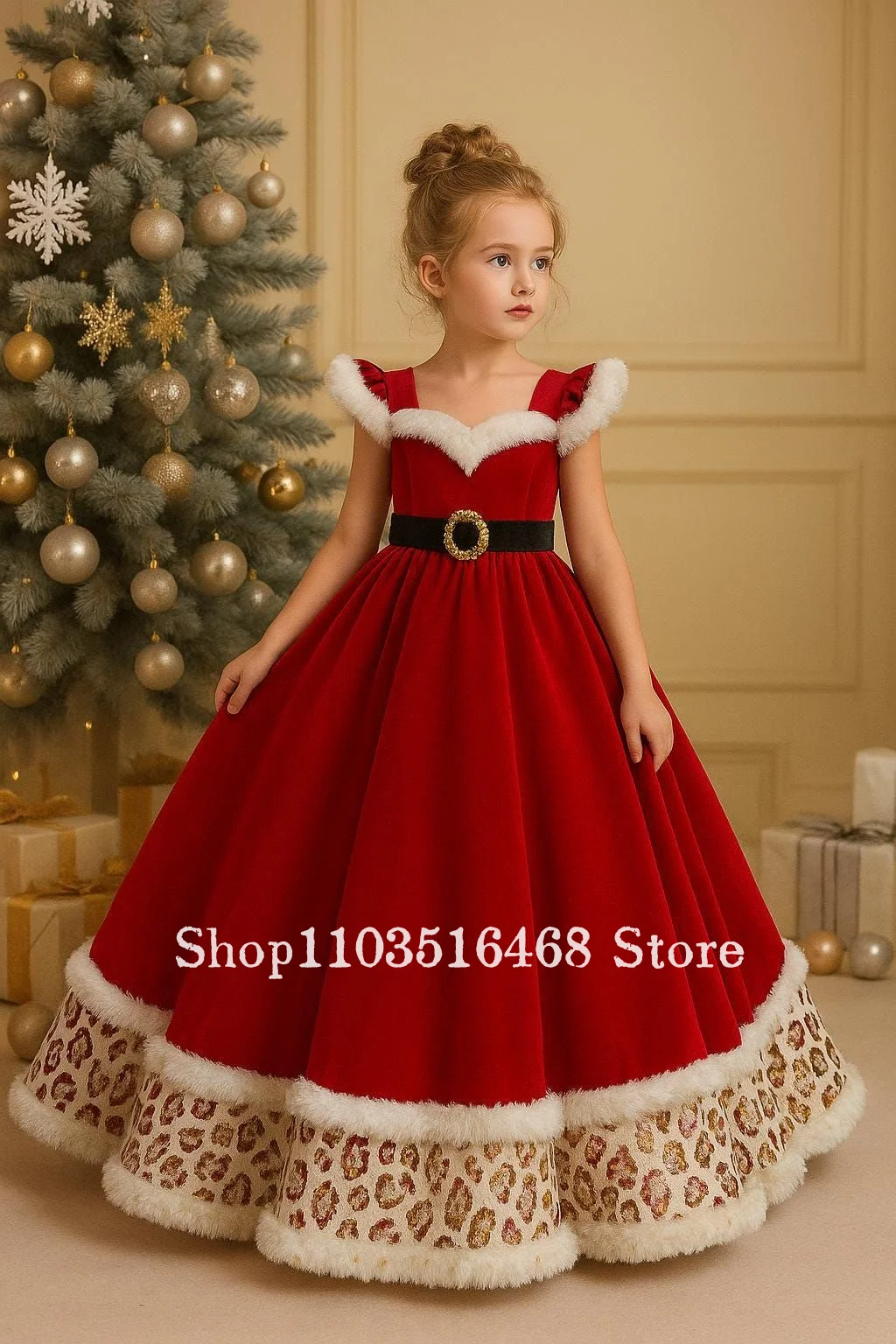 Custom Red Christmas Themed Flower Girl Dresses Printed Fuzzy Evening Gown Velvet A Line Skirt Children's Prom Dresses Christmas