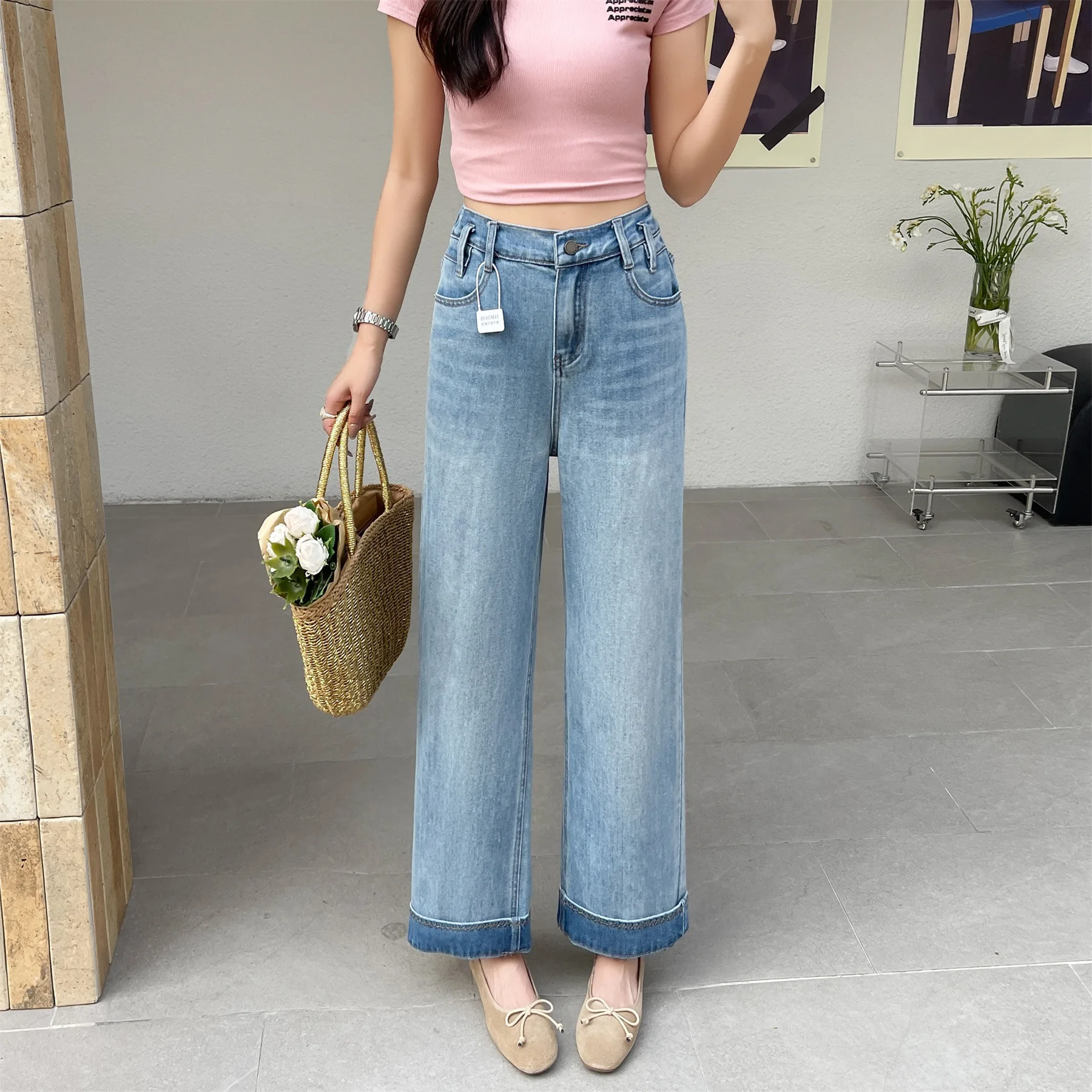 

2026 Spring Autumn Plus Size Straight Jeans High Waist Elastic Waist Slim Versatile Casual Pants Curvy Ladies 8660