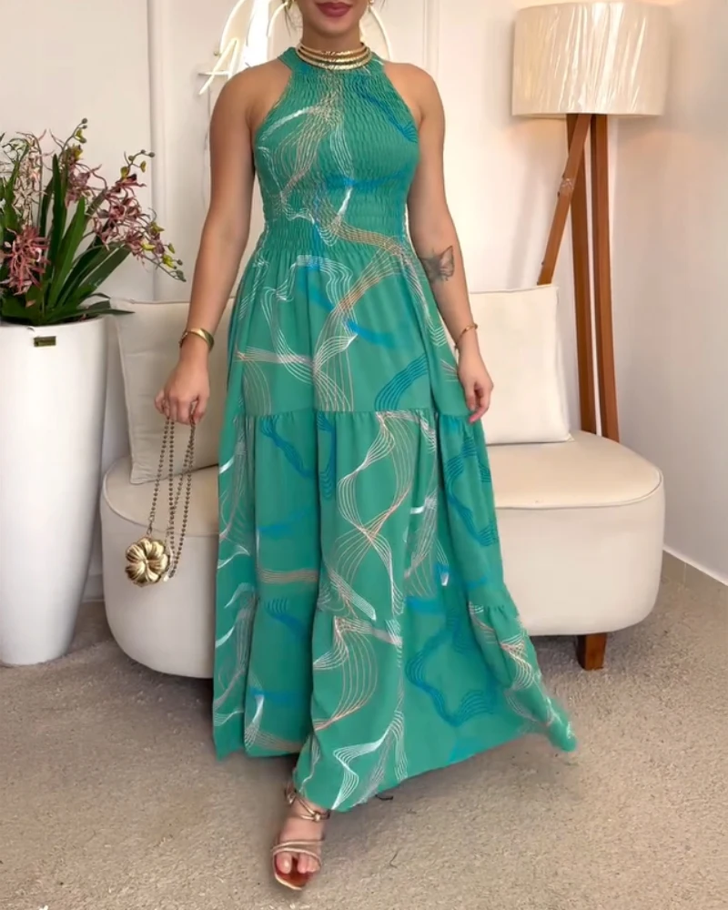 Vestido de verão mulher 2025 captura abstrata impressão halter sem mangas shirred em camadas y2k maxi vestido para mulher férias midi vestido