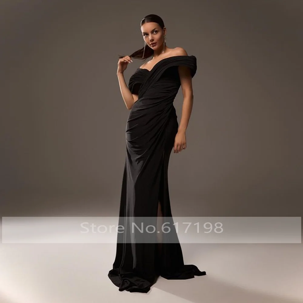 Simple Off the Shoulder Satin Pleated Sheath Prom Evening Dress Side High Slit Court Prom Club Gown vestidos de festa