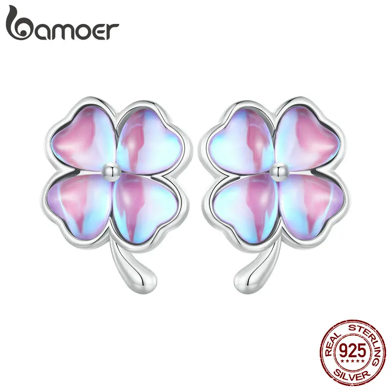 Bamoer 925 Sterling Silver Lucky Four Leaf Clover Stud Earrings Purple Fantasy Color Earrings for Women Party Fine Jewelry Gift