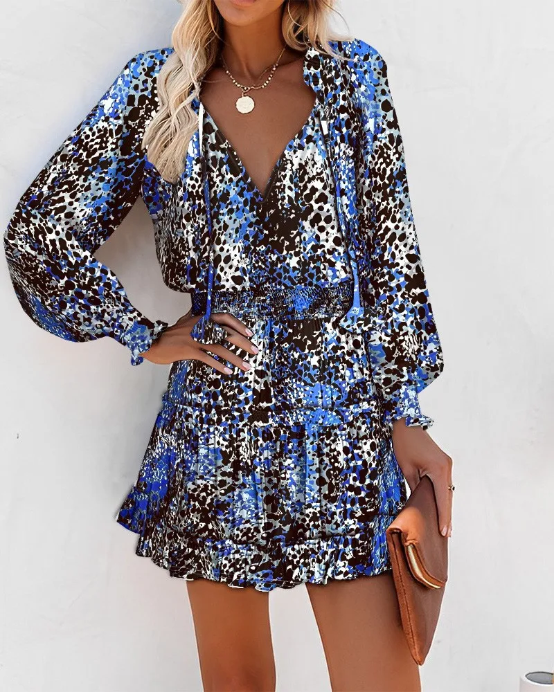 Women\'s Long Sleeve Mini Dress V-neck Drawstring Fashion Leopard Printed Waist Tied Dress Elegant Office Lady Dresses For Women