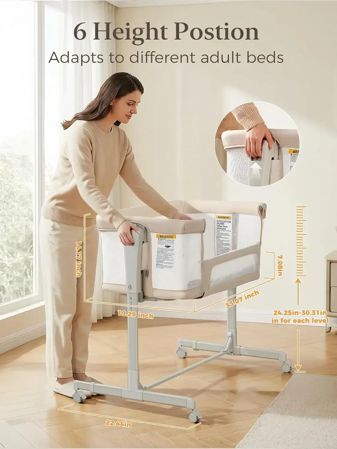 Baby Bassinet Bedside Sleeper 3 In 1 Newborn Bedside Feeding Rolling Wheels Breathable Mesh Six Height Adjustable Soft Mattress