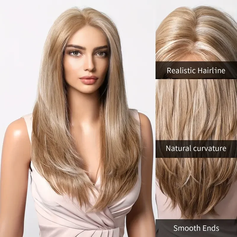 LOUIS FERRE Jasnoblond Peruki dla Kobiet 13*6 Koronkowe Włosy Długie Proste Warstwowe Peruki Syntetyczne Darmowe Przedziałki Naturalne Włosy