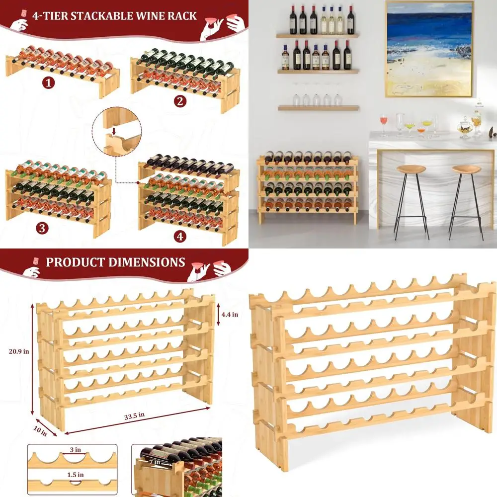 

Large Freestanding Wooden Wine Rack - Holds 36 Bottles, Stackable for Cabinet or Countertop Use (Yellow)