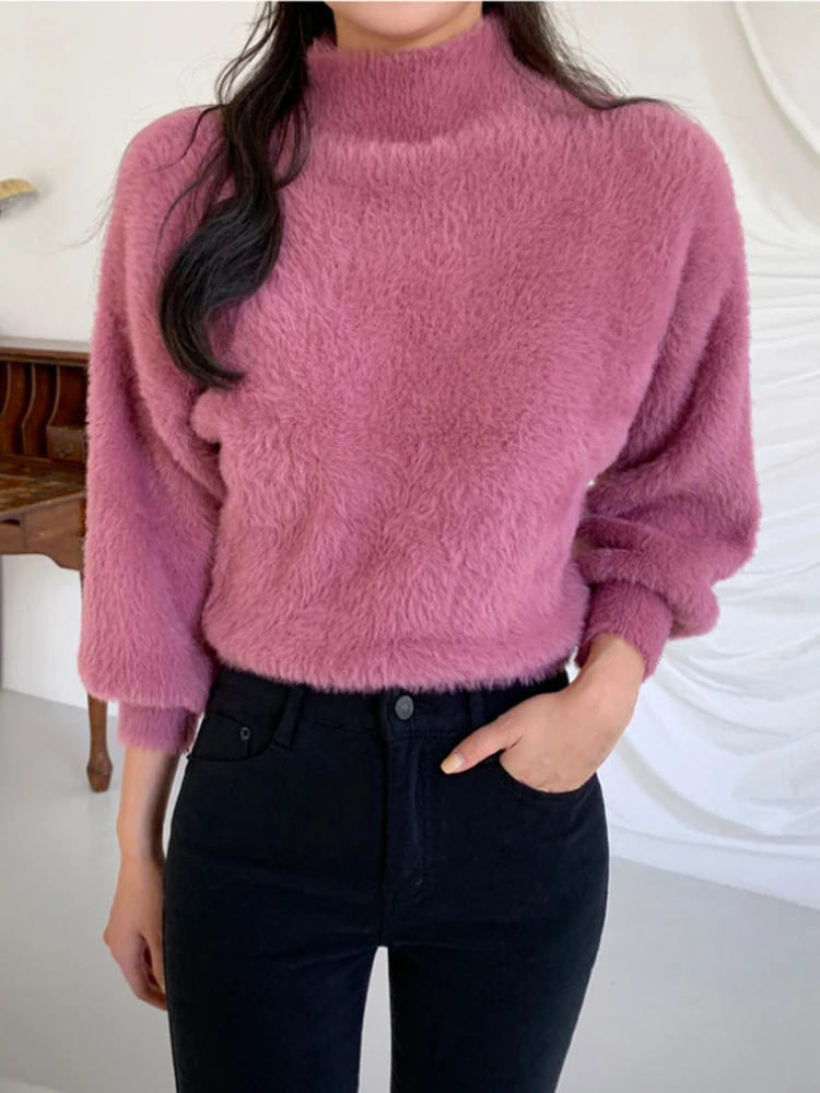 JMPRS Pullover Women Short Sweater Fashion Hairy Lantern Sleeve Autumn Female Jumper Knit Casual Korean Style Ladies Black Tops