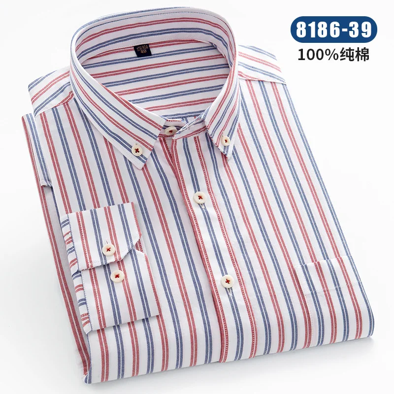 New Year Four Seasons New Cotton Men\'s Oxford Textile Shirt Men\'s Long Sleeve Business Casual Striped Plaid Cotton Shirt