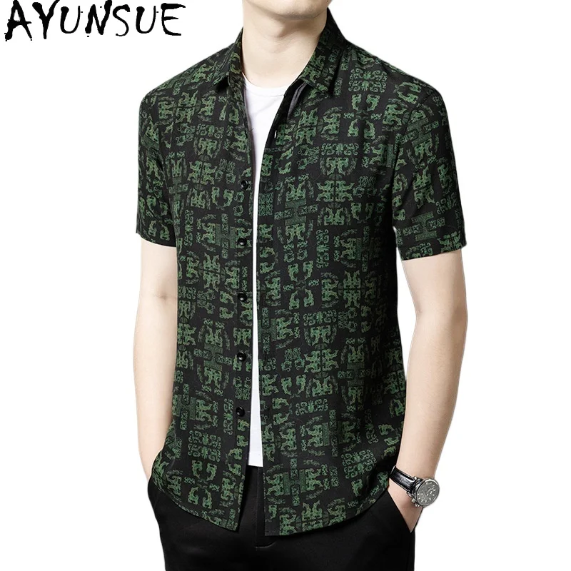 

AYUNSUE High-end 100% Natural Mulberry Silk Shirt for Men Summer 2026 Short Sleeve Tops Gauze Silk Slim Shirts Man Fashion Shirt
