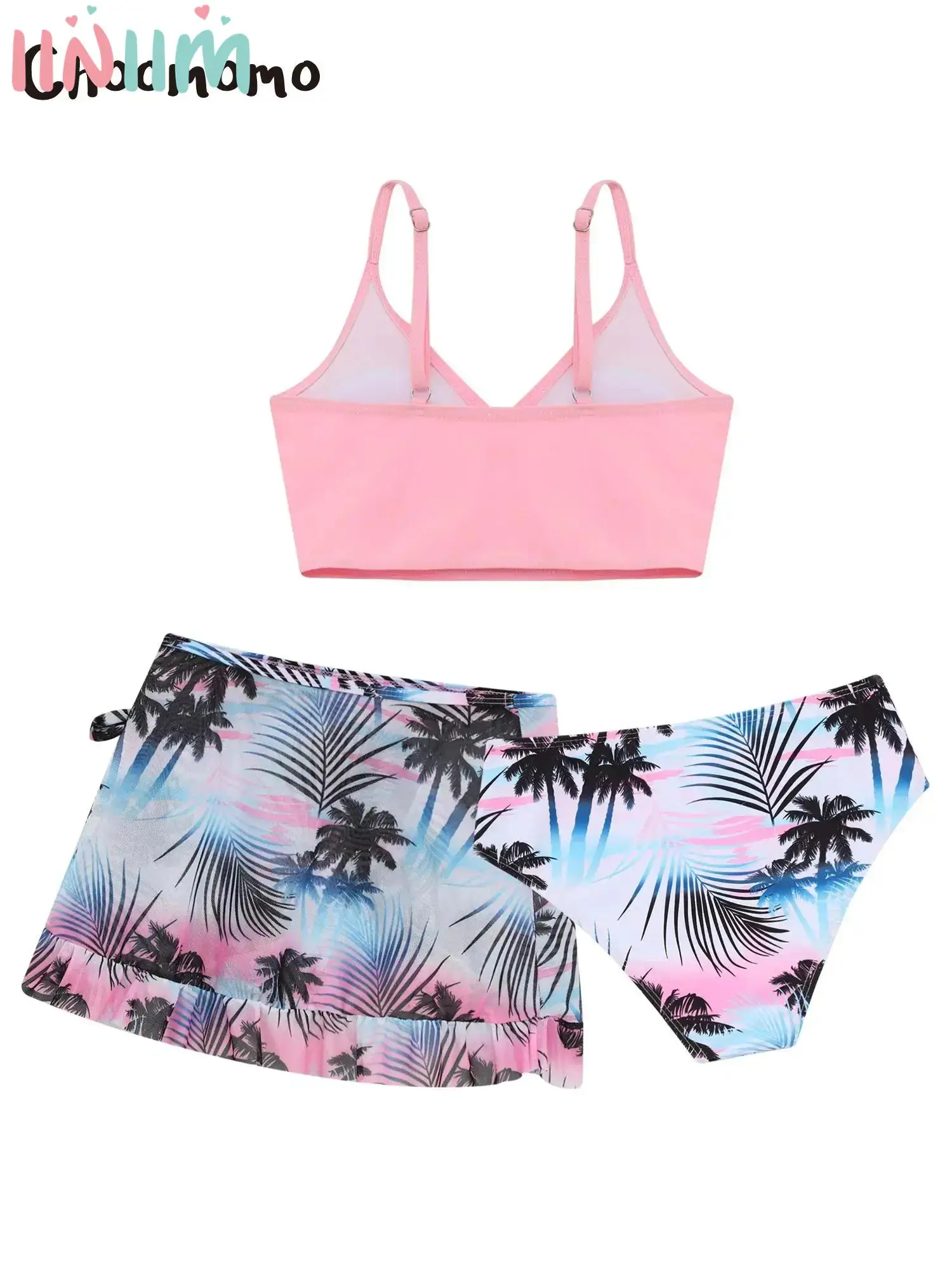 

Children Girls Bathing Suits 3 Piece Floral Print Beach Surf Tankini Swimwear Padded Bikini Swimsuit with Cover Up Skirt