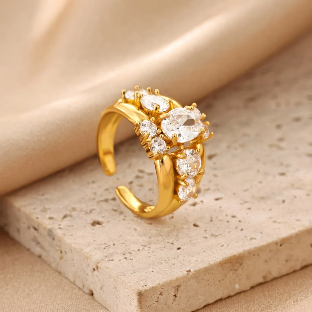 Cubic Zirconia Oval Cluster Rings For Women Gold Plated Stainless Steel Adjustable Ring Wedding Party Jewelry Gift