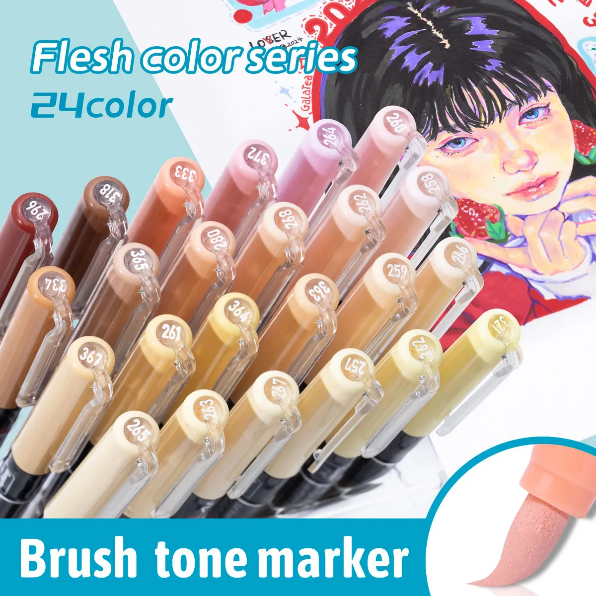 12/24 Colors Skin Tone Acrylic Brush Markers Set, Assorted Pro Color Series Art Markers Set DIY Making Art Supplies