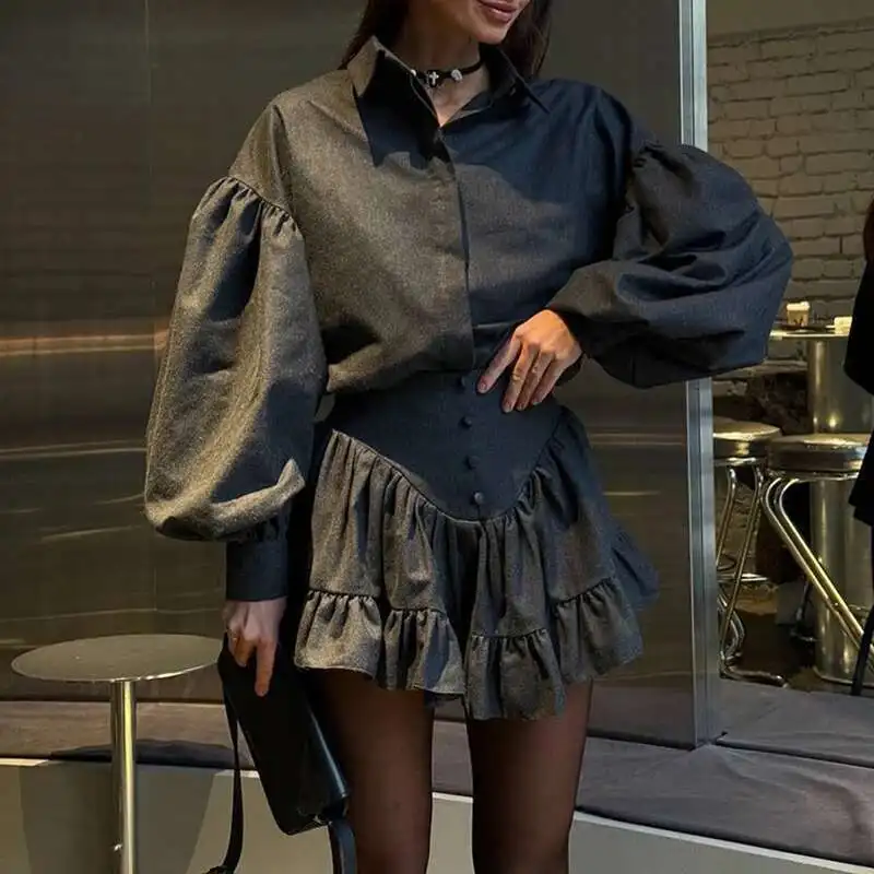 عادية التلبيب زر قميص التنقل الدعاوى أنيقة كشكش حافة تنورة صغيرة وتتسابق الربيع منقوشة طباعة فضفاضة المرأة 2 قطعة مجموعات