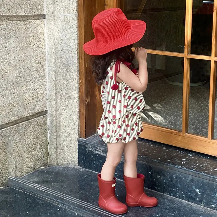 2026 Summer Girls Red Dot Stripe 2 Piece Set Red Polka Dot and Stripe Matching Bright and Lively Loose Bloom Shorts with Elastic