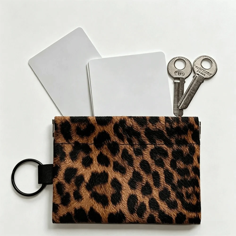 New Leopard Print Coin Purse Squeeze Opening Automatic Closure Key Ring Pouch Portable Card Holder Everyday Carry