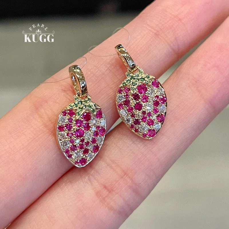 

KUGG 100% подвеска из желтого золота 18 карат, милая клубничная форма, блестящий бриллиант, натуральный рубин, ожерелье, кулон для женщин, изящные ювелирные изделия