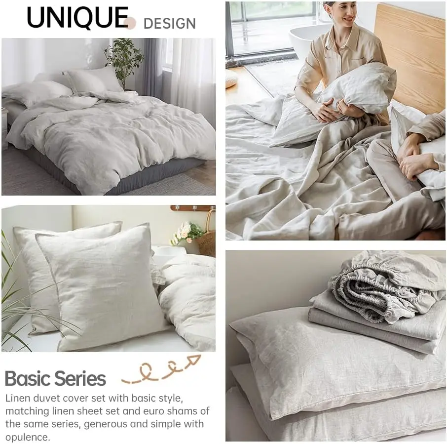 100% Linen Duvet Cover Set 3pcs King Size Natural Washed Flax Breathable Soft Farmhouse Bedding with Button Closure