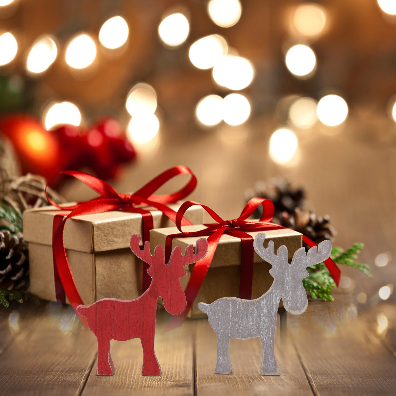 

2pcs Wooden Deer Figurines Red Grey Mini Christmas Decorations Hand-Carved Home Adornment Festive Party Supplies