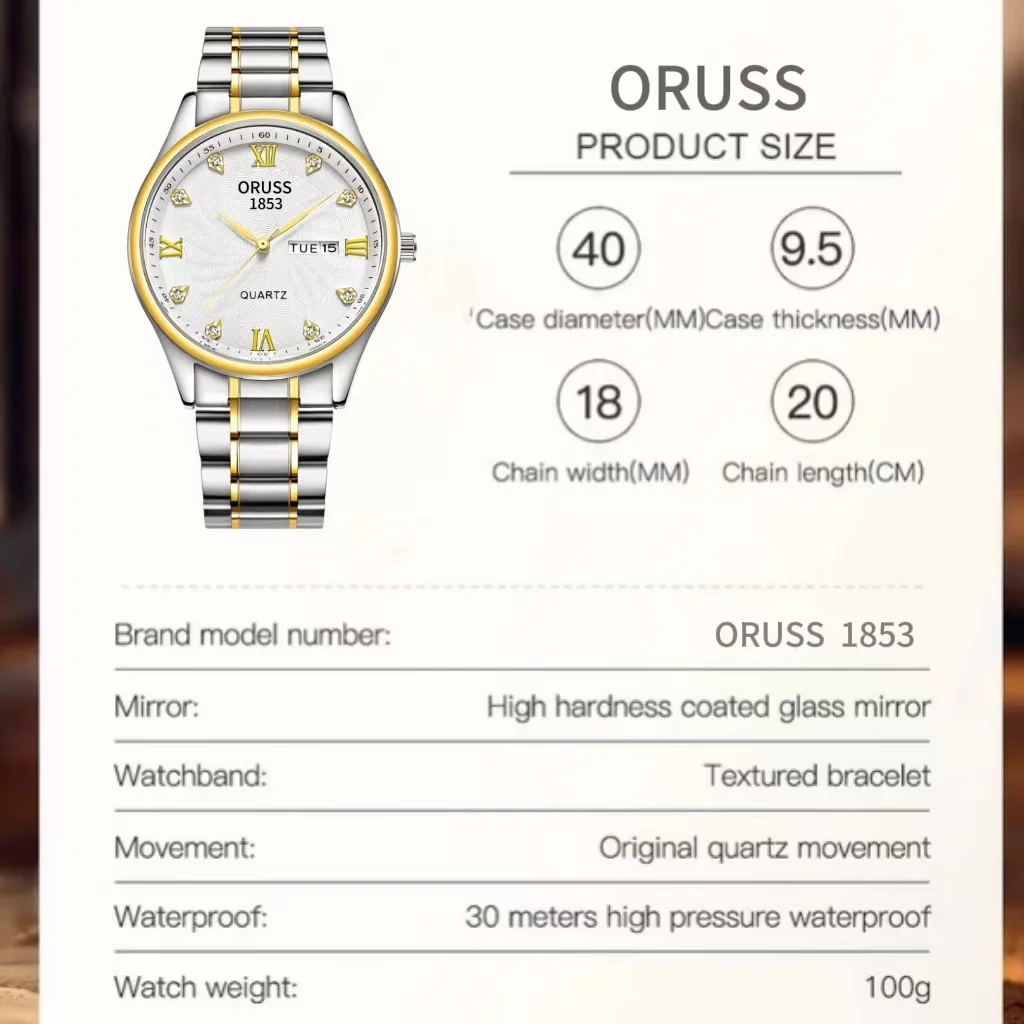 ORUSS 남성용 오리지널 스테인레스 스틸 듀얼 캘린더, 방수 야광 럭셔리 실버 골드 시계, 석영 남성 손목시계