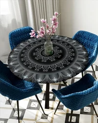 Mandala Pattern Retro Blue Round Elastic Edged Table Cover Protector Cloth Waterproof Polyester Rectangle Fitted Tablecloth