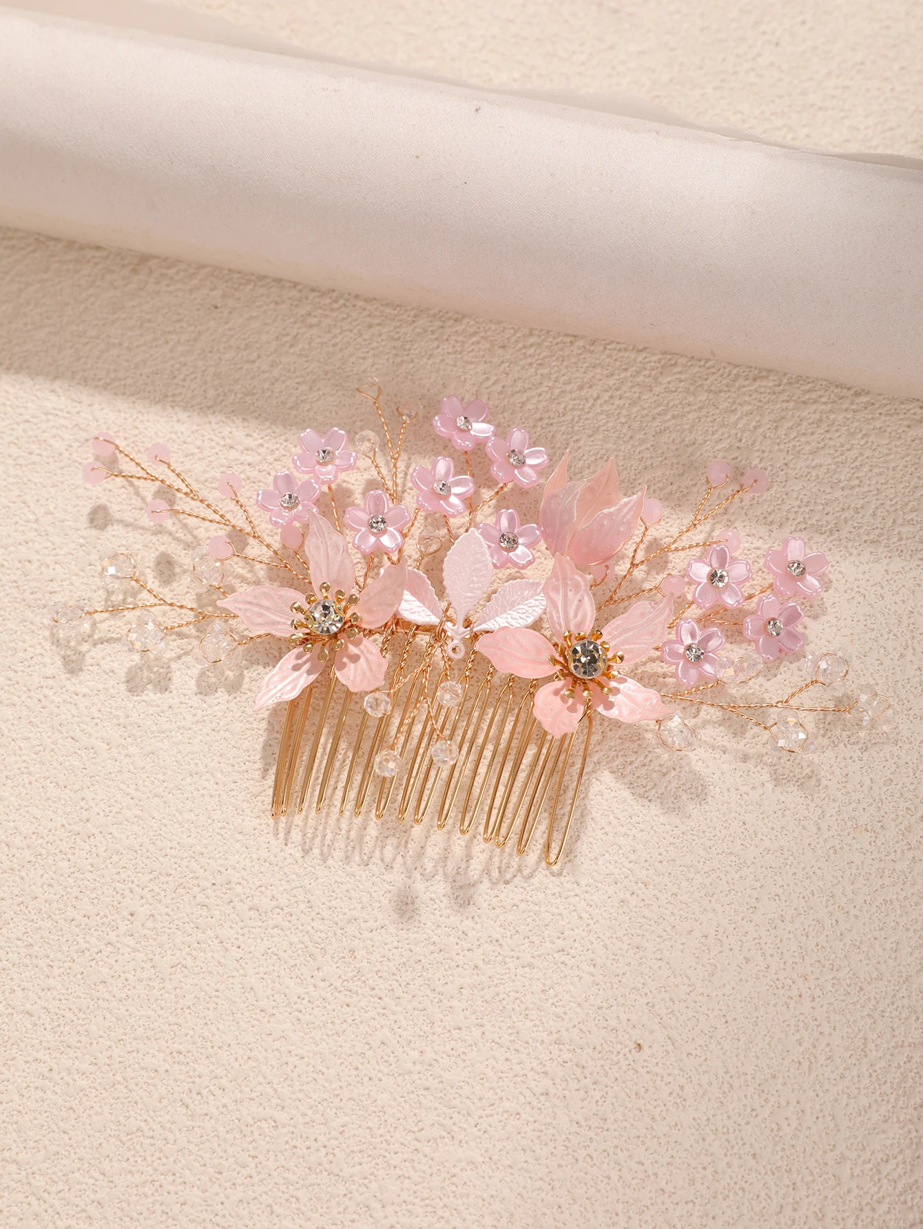 French-Style Gentle Pink Series Handmade Glass Flower Crystal Hair Comb for Brides, Wedding Makeup, Updo Hair Comb, Fairy-Like Gentle Dress Accessory view 5