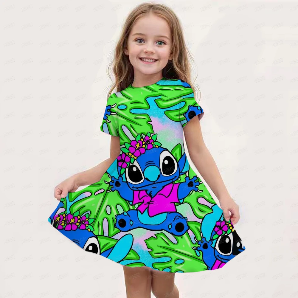 Summer New Children's Clothing 3d Printed Romantic Stitch Cute Girl Short-Sleeved Dress 3-14 Years Old Kids Performance Clothing