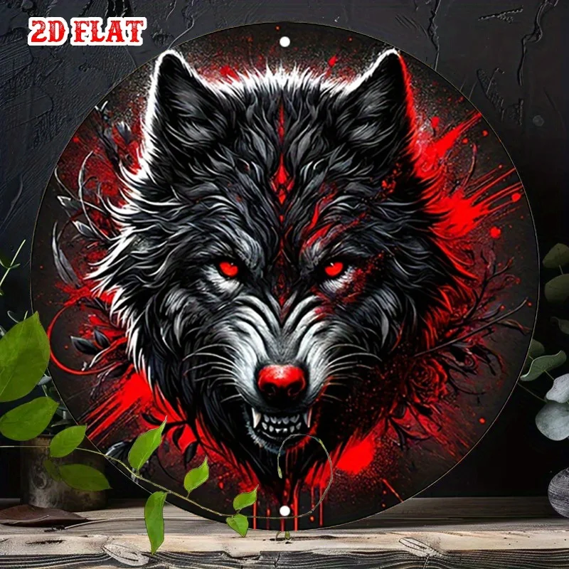 2D Flat, 1pc Wolf Howling at Moon Metal Wall Decor - Gothic Black & Red Wolf Head with Glowing Eyes - Heavy-Duty 7.87'' Round Ru