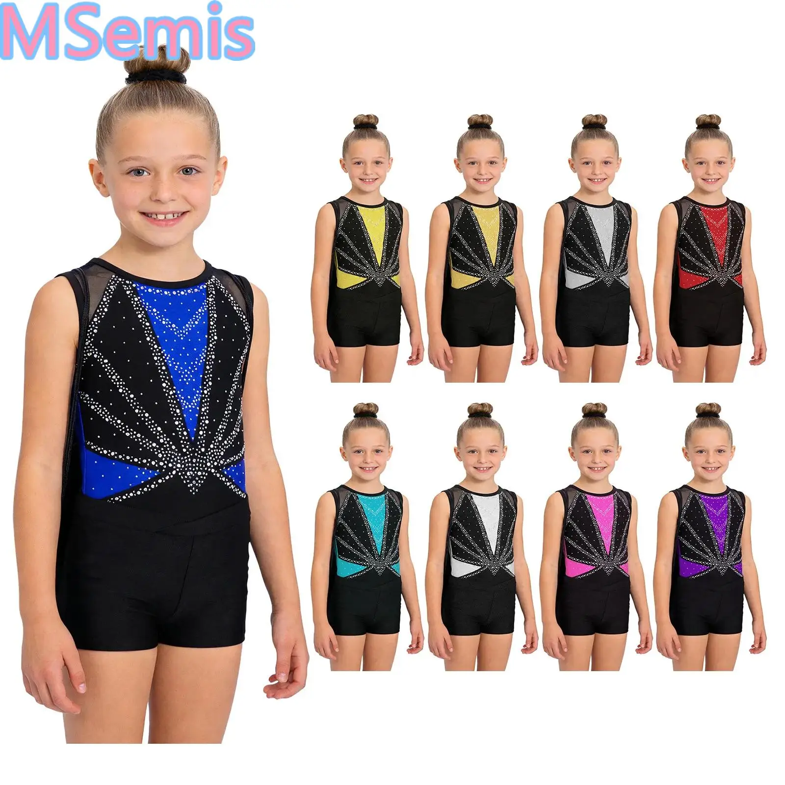 

Kids Girls Rhythmic Gymnastics Dance Ballet Sports Outfit Sleeveless Crisscross Leotard with Shorts Hairband Drawstring Backpack