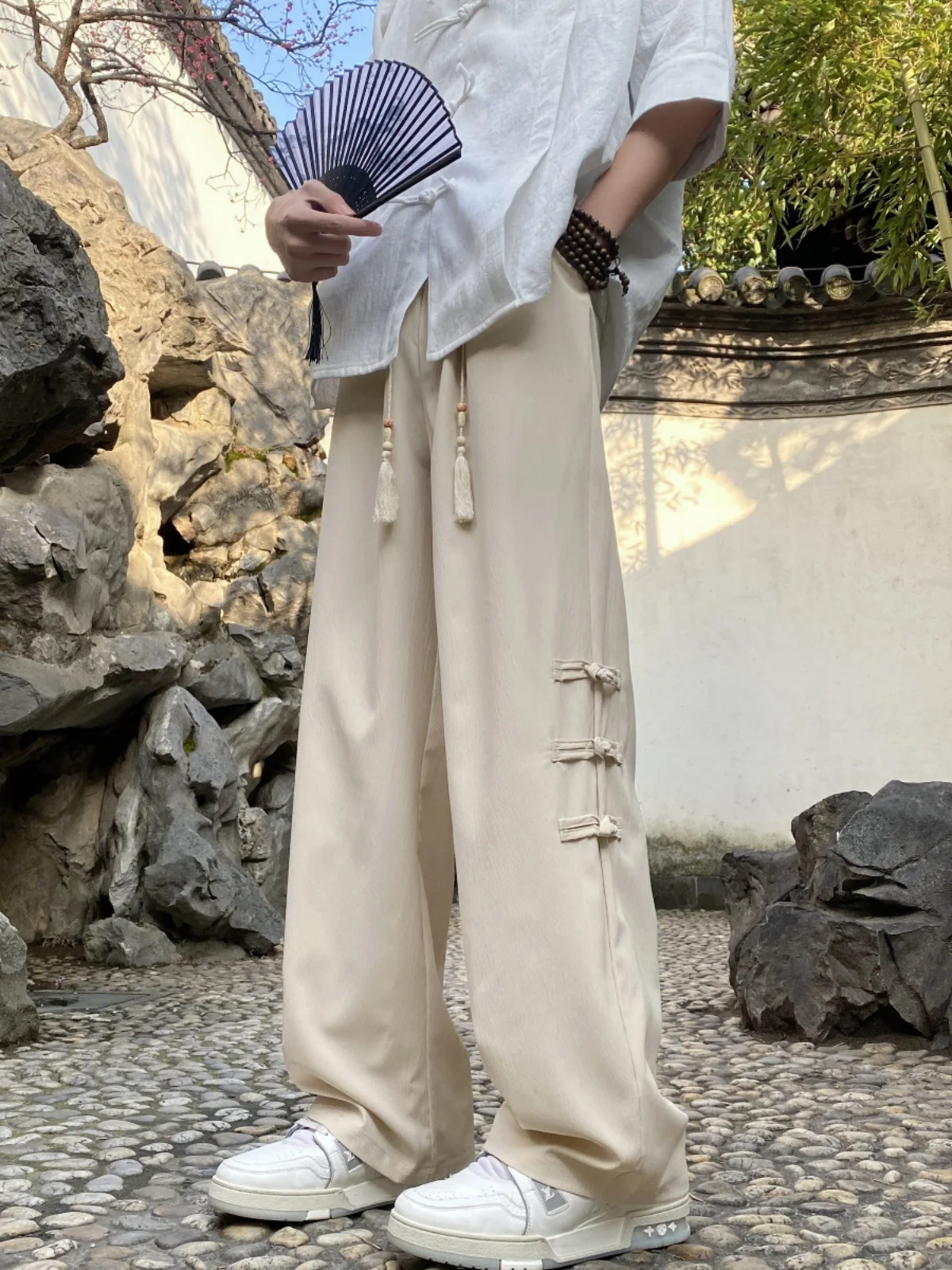 New Chinese style disc button pants men's summer new high-grade sag loose straight wide leg casual pants