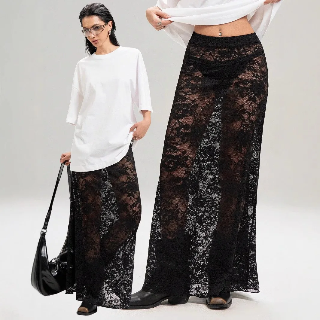 Y2K Women Skirt Long Sheer Lace High Waist Skirts Black A Line Geometric Pattern Mini Skirt Floral Lace Slit Detail Woman