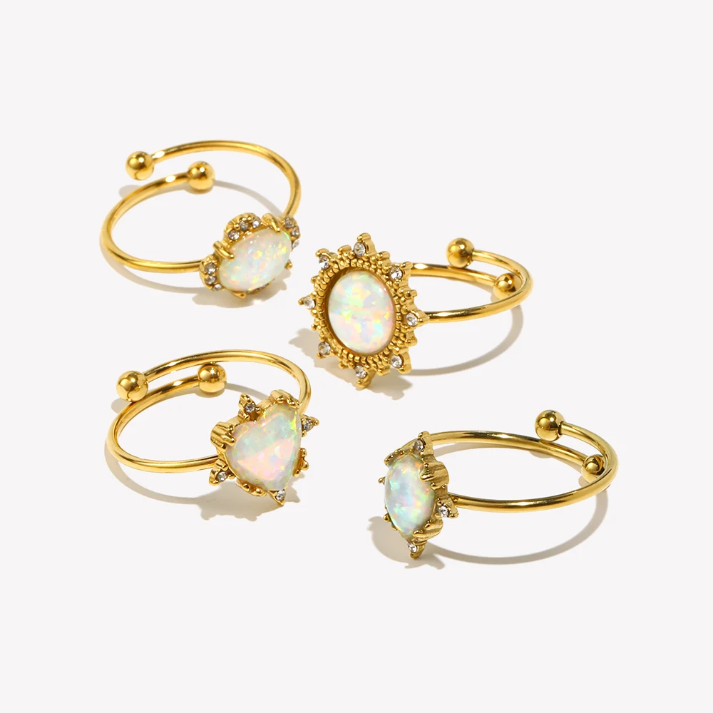 E.B.belle Adjustable Rings For Women Stainless Steel Gold Plated White Natural Opal Stone Rings For Party Wedding Ring