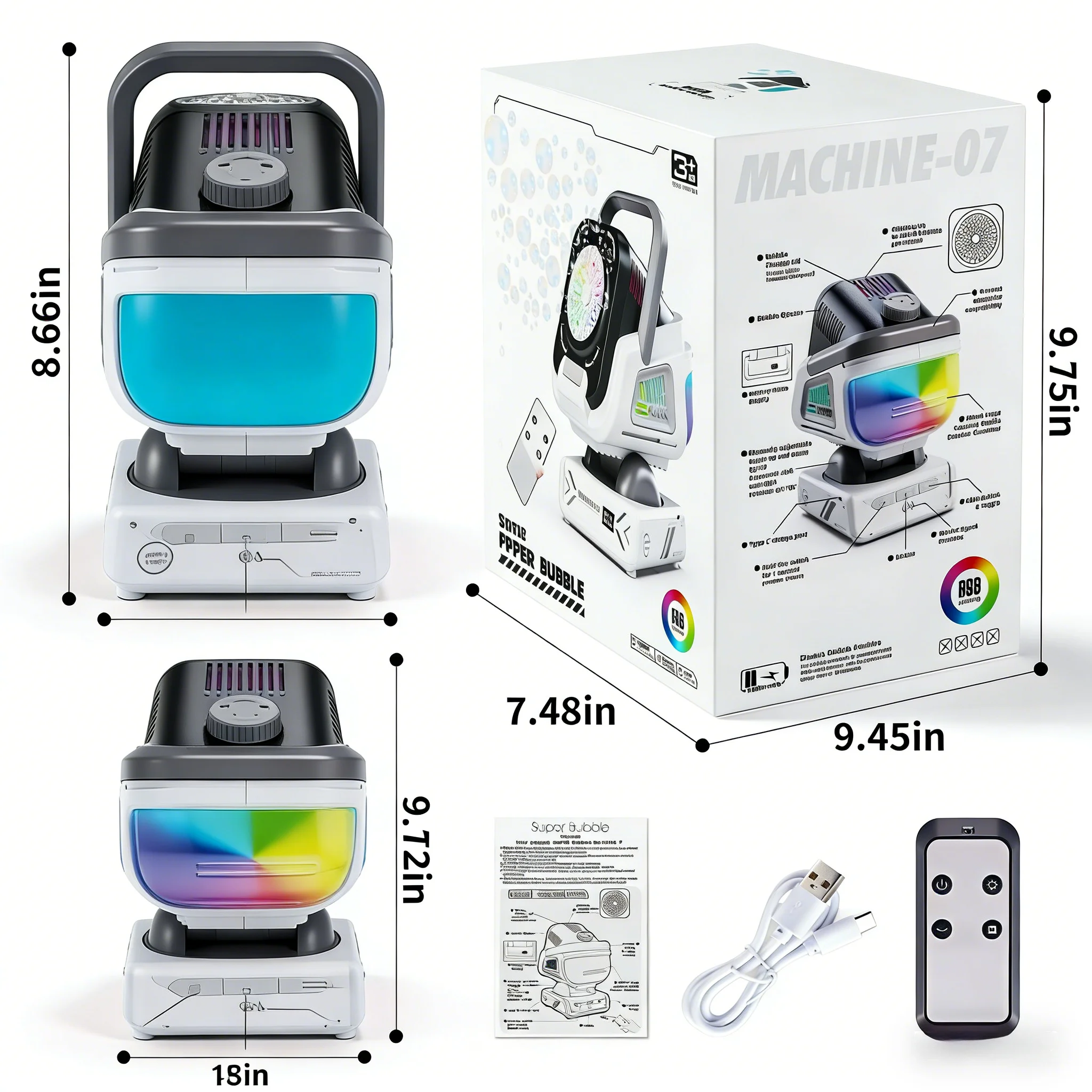 BELEMAR 2026 New Remote Bubble Machine. 360° Rotation, RGB Lights, 1800mAh Battery & Type-C Fast Charging, Portable for Kids, Weddings, Birthdays & Outdoor Camping.
