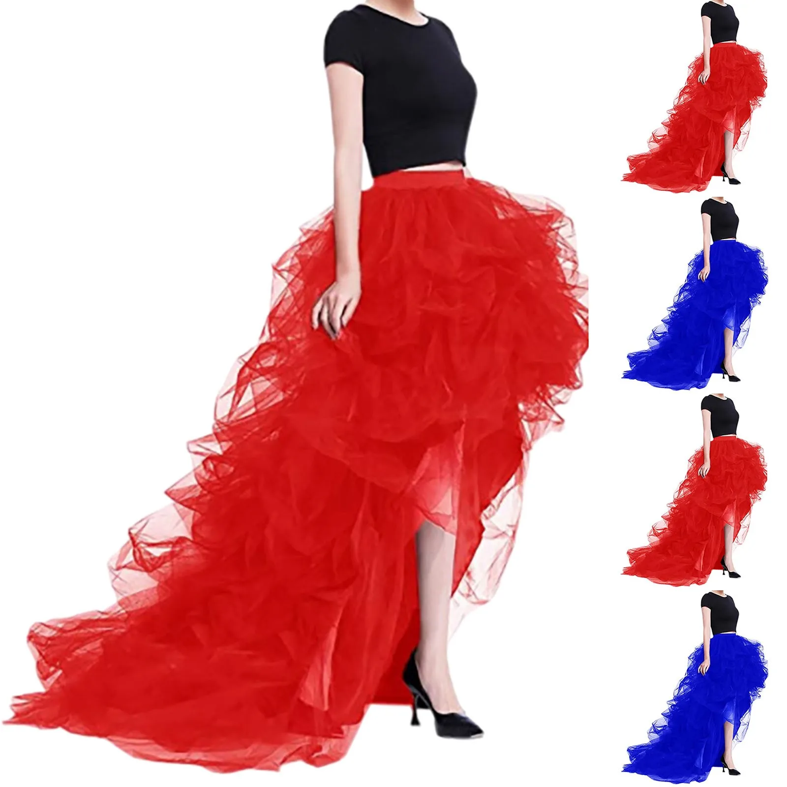 Women Tiered Tulle High Low Skirts Elastic Waist Petticoat Puffy Long Tulle Skirt Female Mesh Casual Puffy Maxi Dress Props